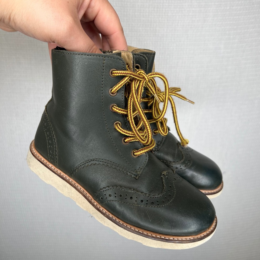 Young Soles London Kids Leather Wingtip Brogue Boots Forest Green Side Zip EU 26